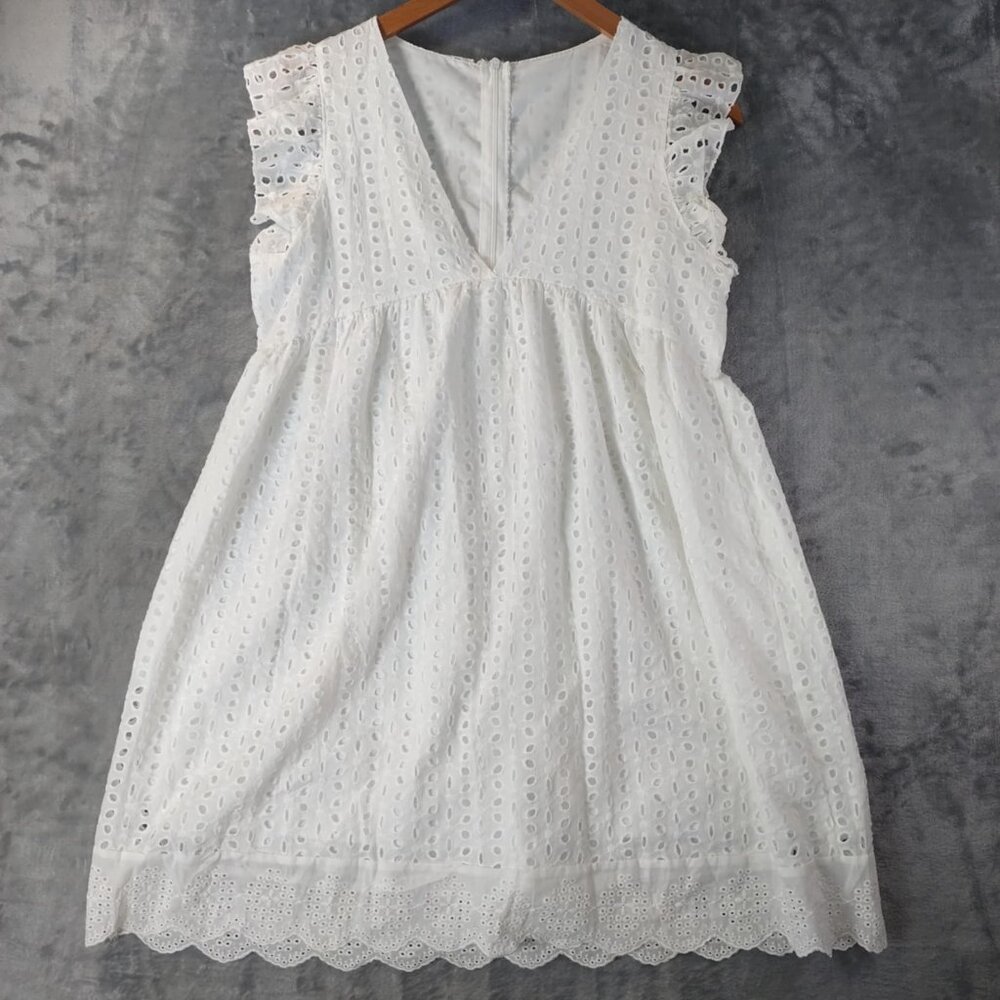 Unbranded Women's XS‎ White Summer Romper Eyelet Lace Scallop Hem Ruffle Sleeves